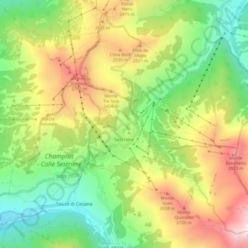 Sestriere topographic map, elevation, terrain