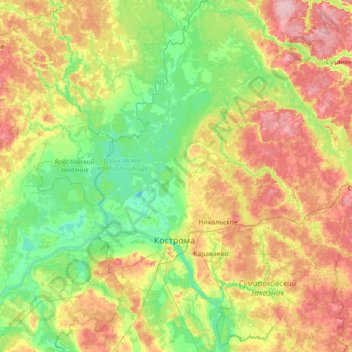 Костромской район topographic map, elevation, terrain