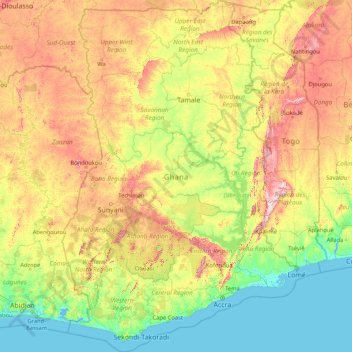 Ghana topographic map, elevation, terrain
