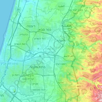 Petah Tikva Subdistrict topographic map, elevation, terrain