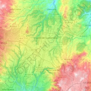 Guatemala City topographic map, elevation, terrain