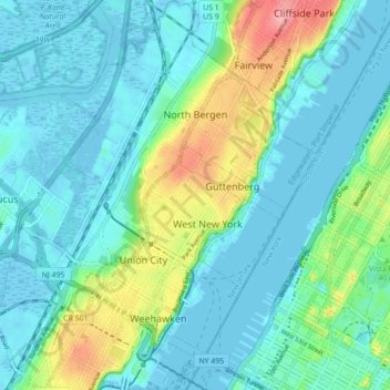 North Bergen topographic map, elevation, terrain