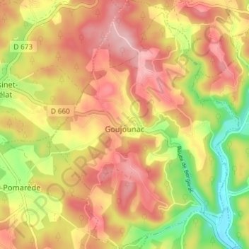 Goujounac topographic map, elevation, terrain