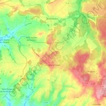 Soligny-la-Trappe topographic map, elevation, terrain