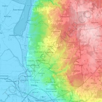 Elbląg topographic map, elevation, terrain