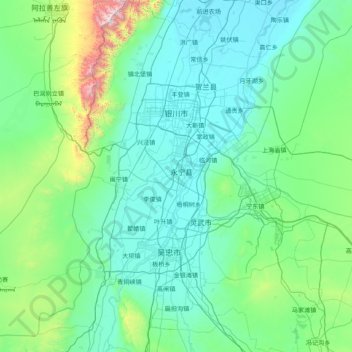 银川市 topographic map, elevation, terrain