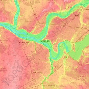 Kaunas topographic map, elevation, terrain