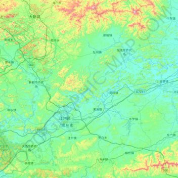 江州区 topographic map, elevation, terrain