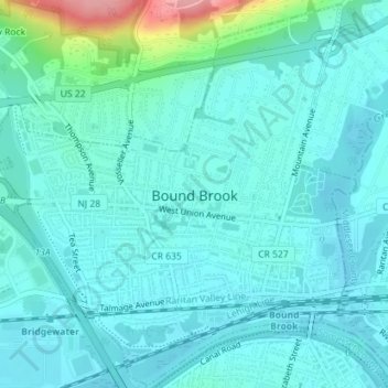 Bound Brook topographic map, elevation, terrain