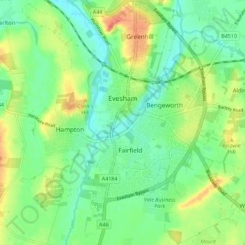 Evesham topographic map, elevation, terrain