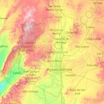 Aguascalientes topographic map, elevation, terrain