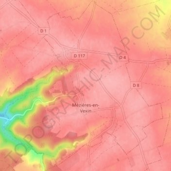 Mézières-en-Vexin topographic map, elevation, terrain