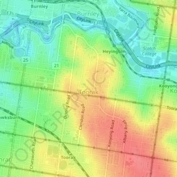 Toorak topographic map, elevation, terrain