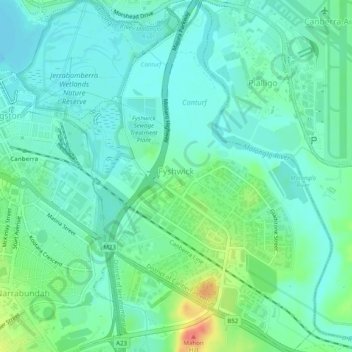 Fyshwick topographic map, elevation, terrain